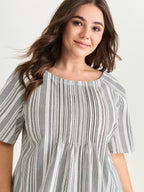 Cotton Striped Print Textured Flared Sleeve Blouse