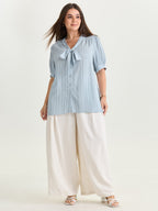 Cotton Bowknot Neckline Button-Down Blouse