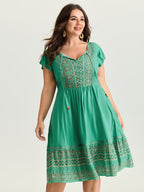 Boho Print Ruffled Sleeve Mini Dress