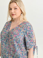 Floral Print Adjustable Sleeve Tie Blouse