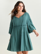 Tiered Sleeve Drawstring Neckline Mini Dress