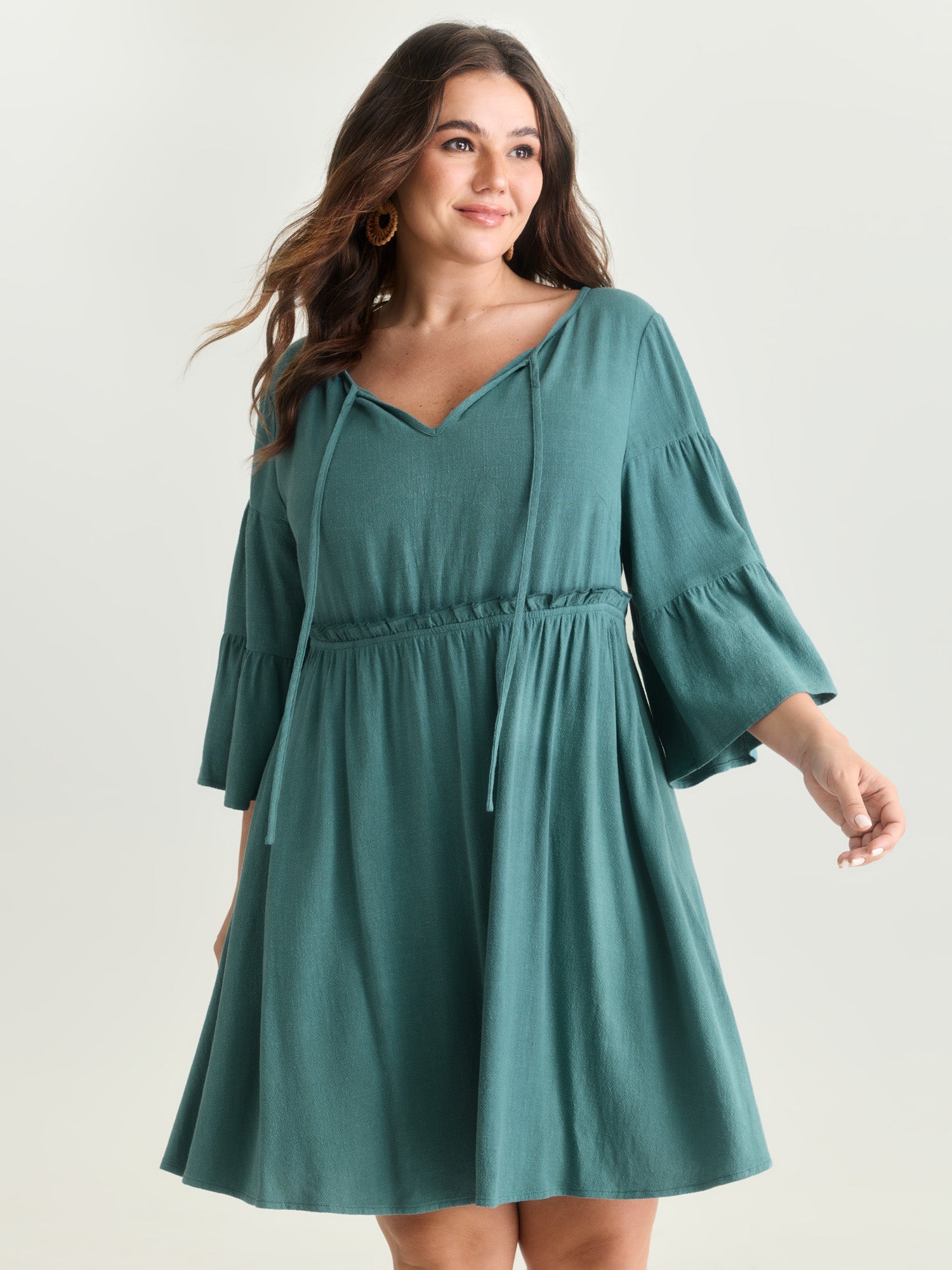 Tiered Sleeve Drawstring Neckline Mini Dress