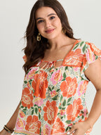 Vibrant Floral Print Flutter Sleeve Blouse