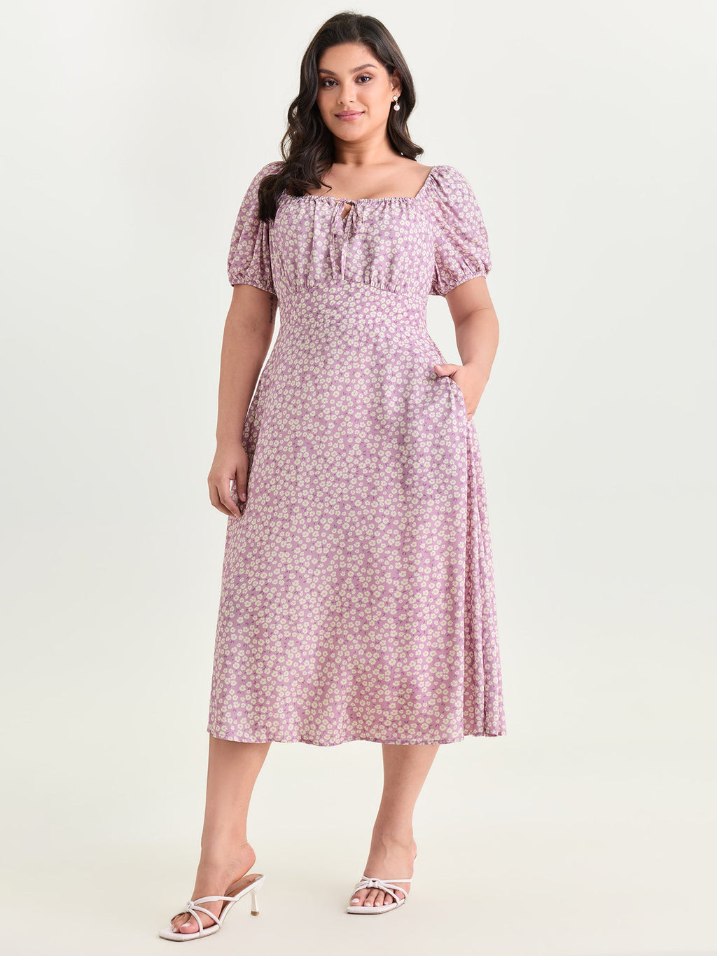 Ditsy Floral Print Cinched Waist Midi Dress