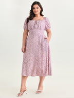 Ditsy Floral Print Cinched Waist Midi Dress