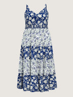 Colorblock Floral Print Tiered Maxi Dress