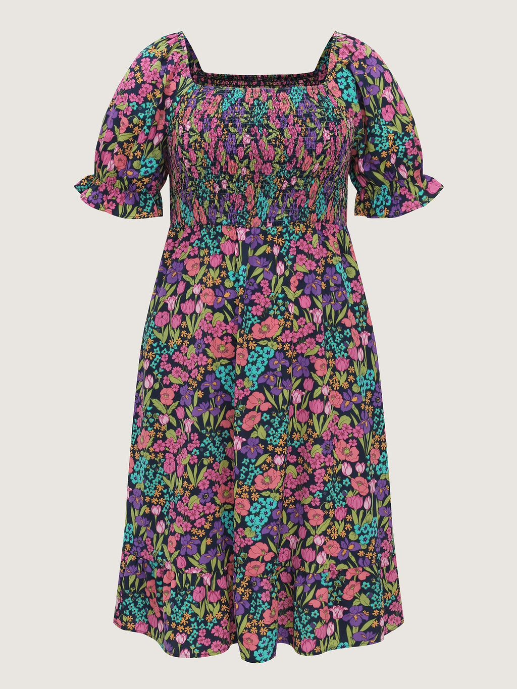 Playful Floral Print Shirred Midi Dress