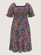 Playful Floral Print Shirred Midi Dress