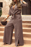 Women's Lapel Slit Button Cotton and Linen Casual Suit