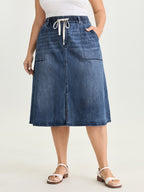 Stretchy Contrast Drawstring Waist Midi Denim Skirt
