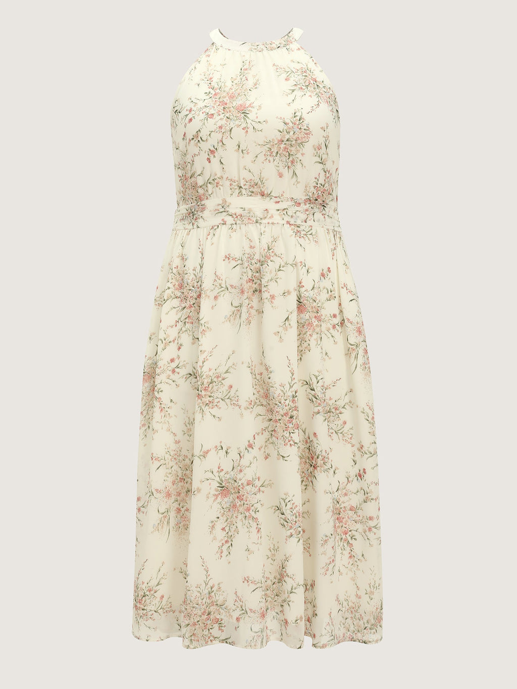 Floral Mix Halter Neckline Shirred Maxi Dress