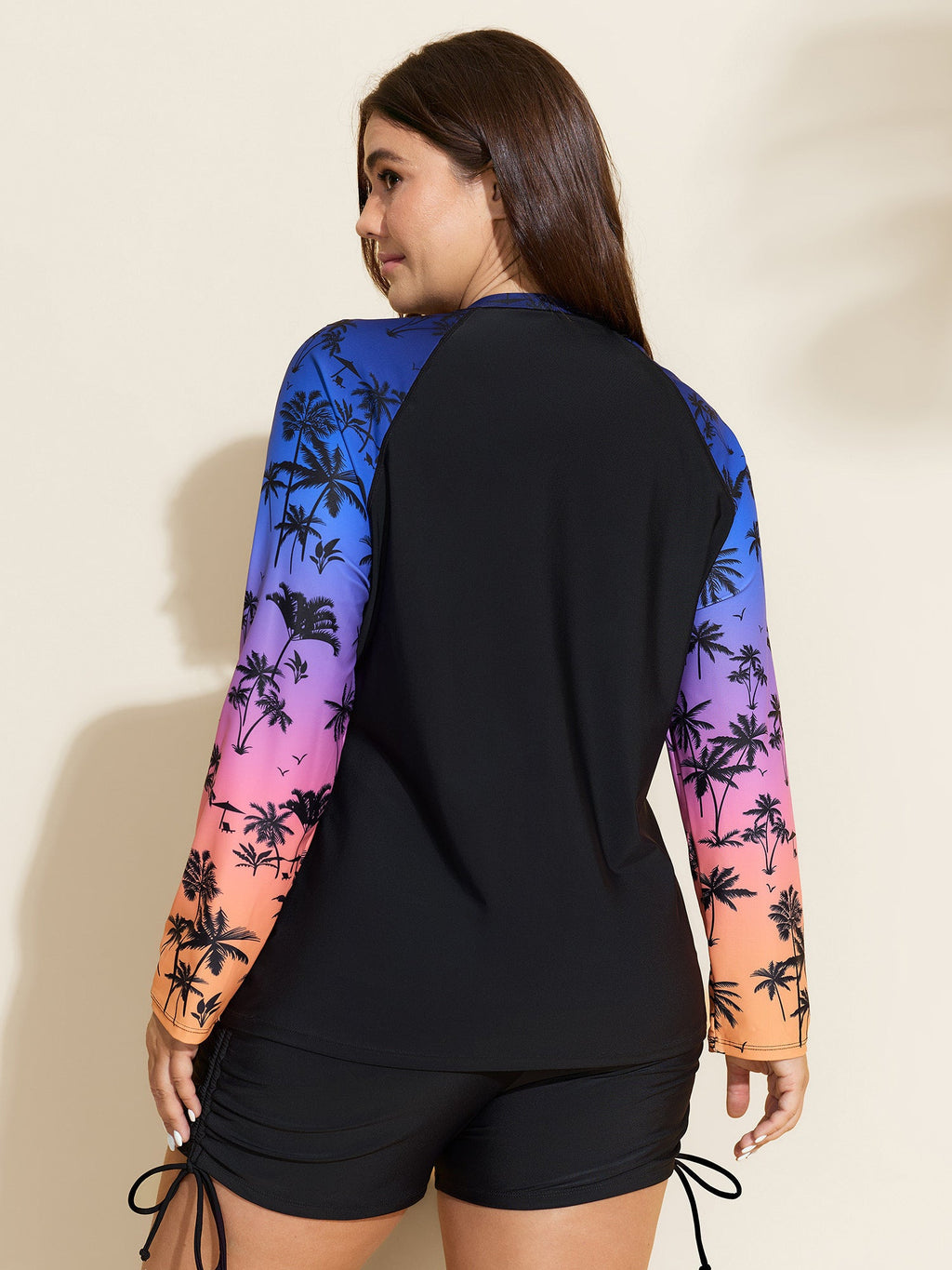 Tropical Color Contrast Print Zipper Front Swim Top