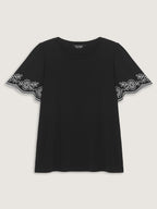 Stretchy Embroidered Sleeve Plain T-Shirt