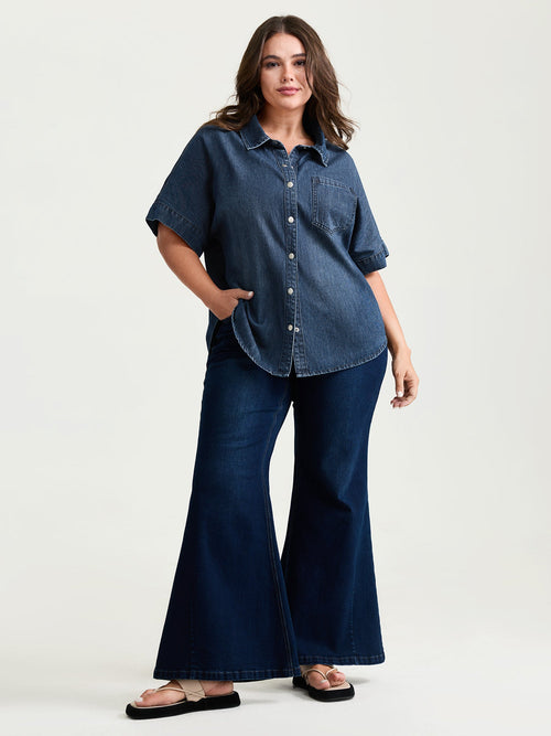 Button Detail Collar Pocket Denim Top