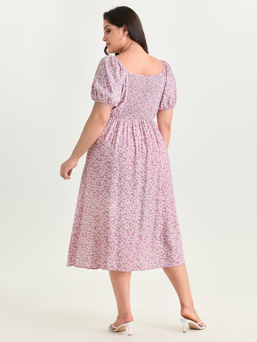 Ditsy Floral Print Cinched Waist Midi Dress
