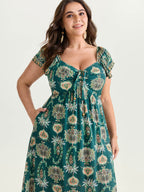 Paisley Print Ruched Adjustable Bodice Maxi Dress
