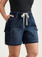 Pull-On Elastic Waistband Pockets Denim Shorts