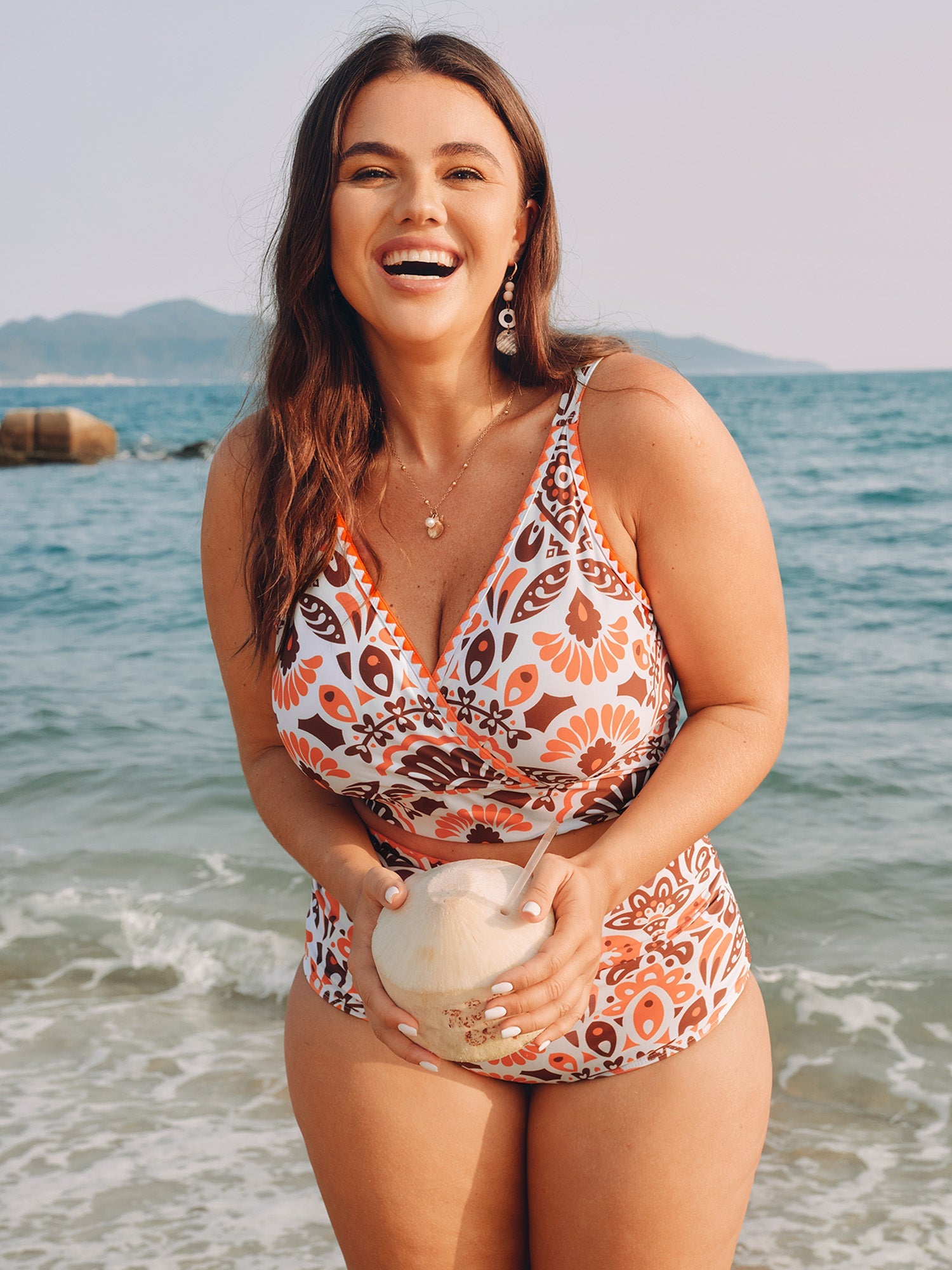 Geometric Embroidered Surplice Neckline Swim Top