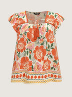 Vibrant Floral Print Flutter Sleeve Blouse