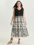 Floral Sheer Lace Trim Contrast Midi Dress