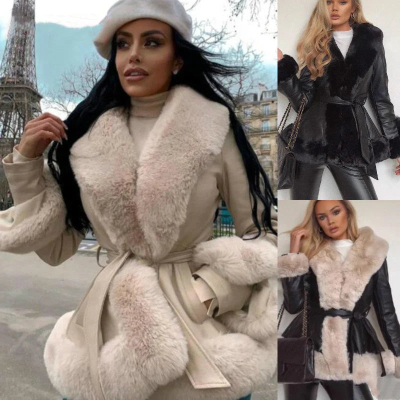 Women's coat made of faux leather with faux fur collar