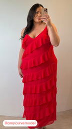 CurveWow Ruffle Tiered Maxi Dress Red