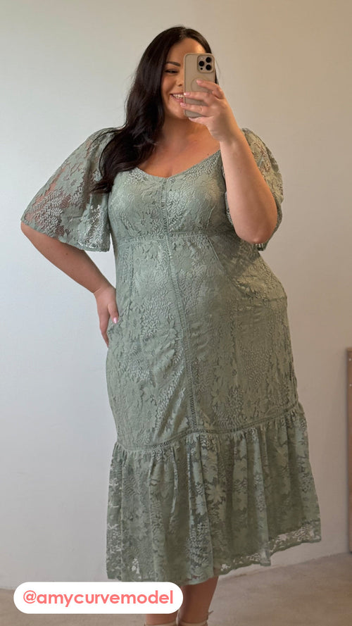 CurveWow Lace Frill Hem Midaxi Dress Sage Green