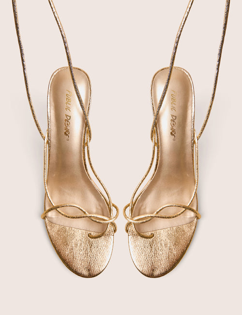 Birdie Gold Cracked Pu Lace Up Mid Heels