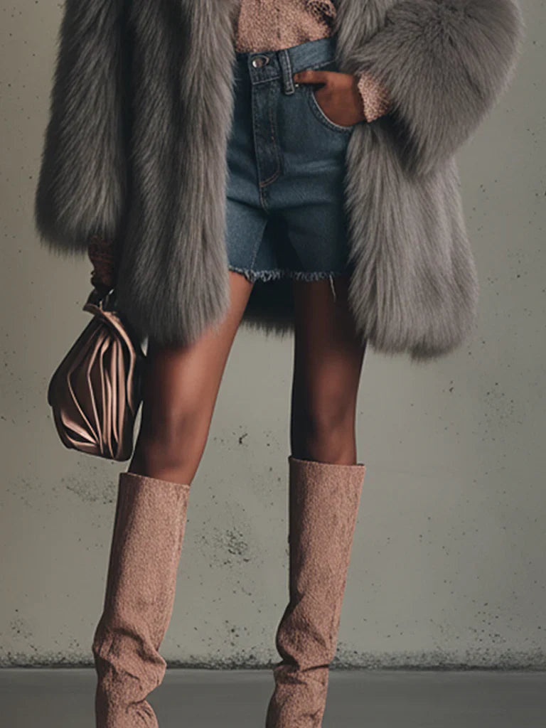 Gray Faux Fox Fur Eco Friendly Long Sleeve Jacket