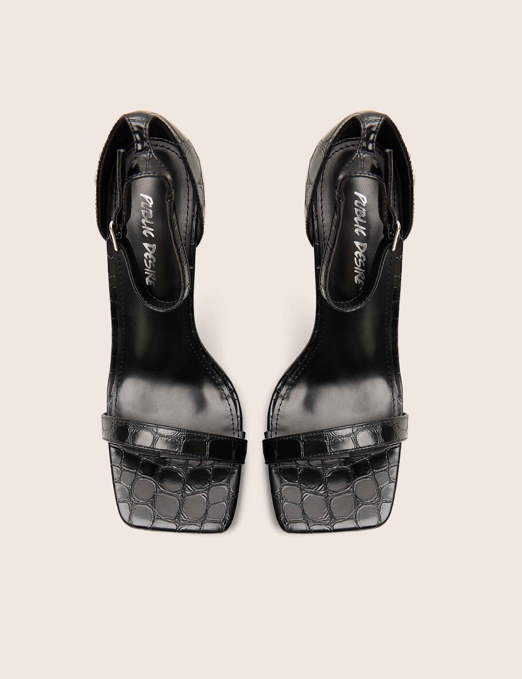Chaos Black Croc Square Toe Strappy Barely There Stiletto Heels