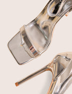 Chaos Silver Square Toe Strappy Barely There Stiletto Heel
