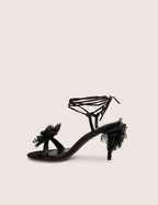 Classy Black Ruffle Flower Detail Mid Heels