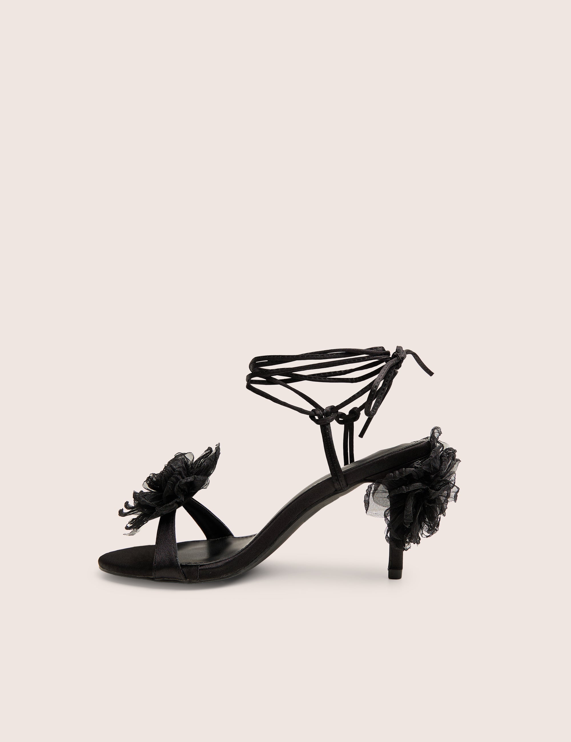 Classy Black Ruffle Flower Detail Mid Heels