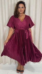 CurveWow Short Sleeve Pleated Midi Dress Wine Animal