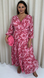 CurveWow Pleated Wrap Maxi Dress Pink/Red Floral