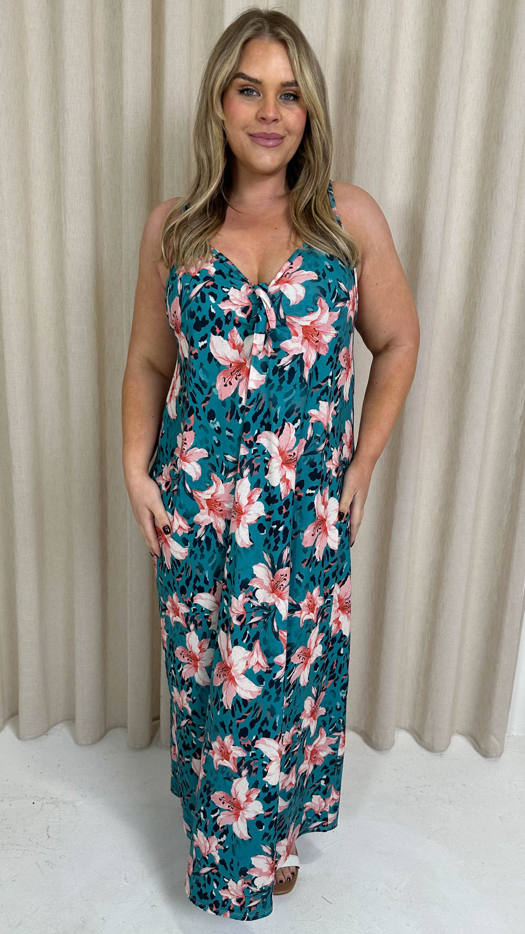 CurveWow Printed Tie Front Maxi Dress Teal Animal Floral