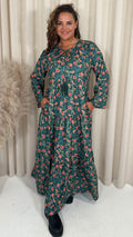 CurveWow Tassel Tiered Maxi Dress Green Floral