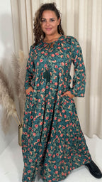CurveWow Tassel Tiered Maxi Dress Green Floral