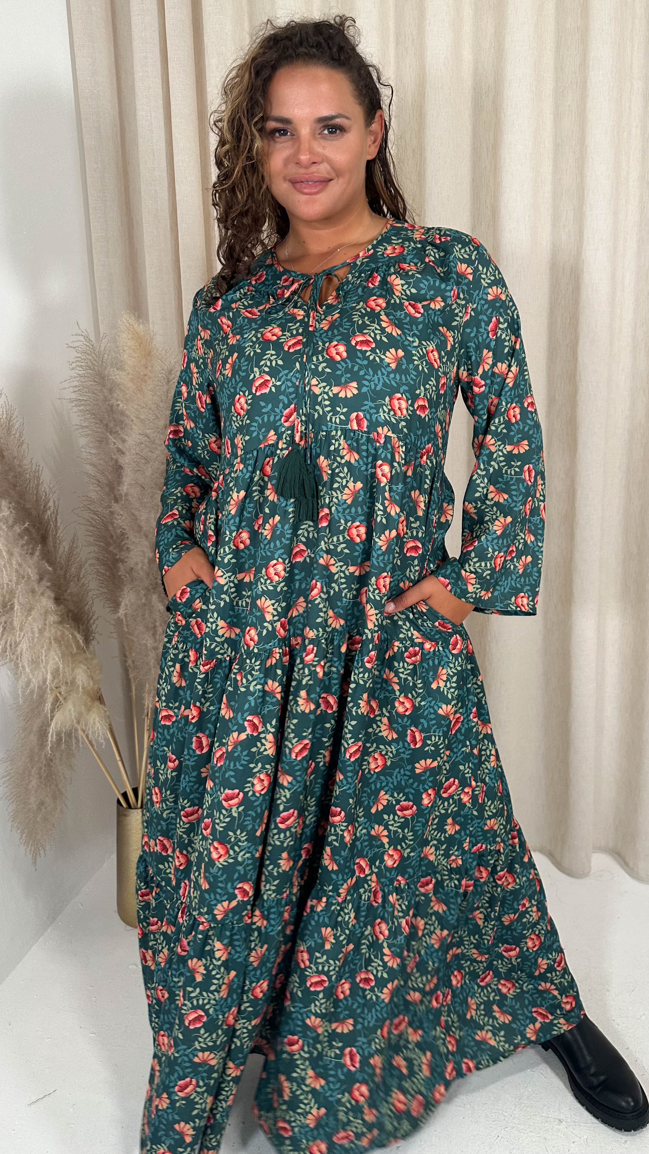 CurveWow Tassel Tiered Maxi Dress Green Floral