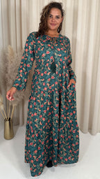 CurveWow Tassel Tiered Maxi Dress Green Floral