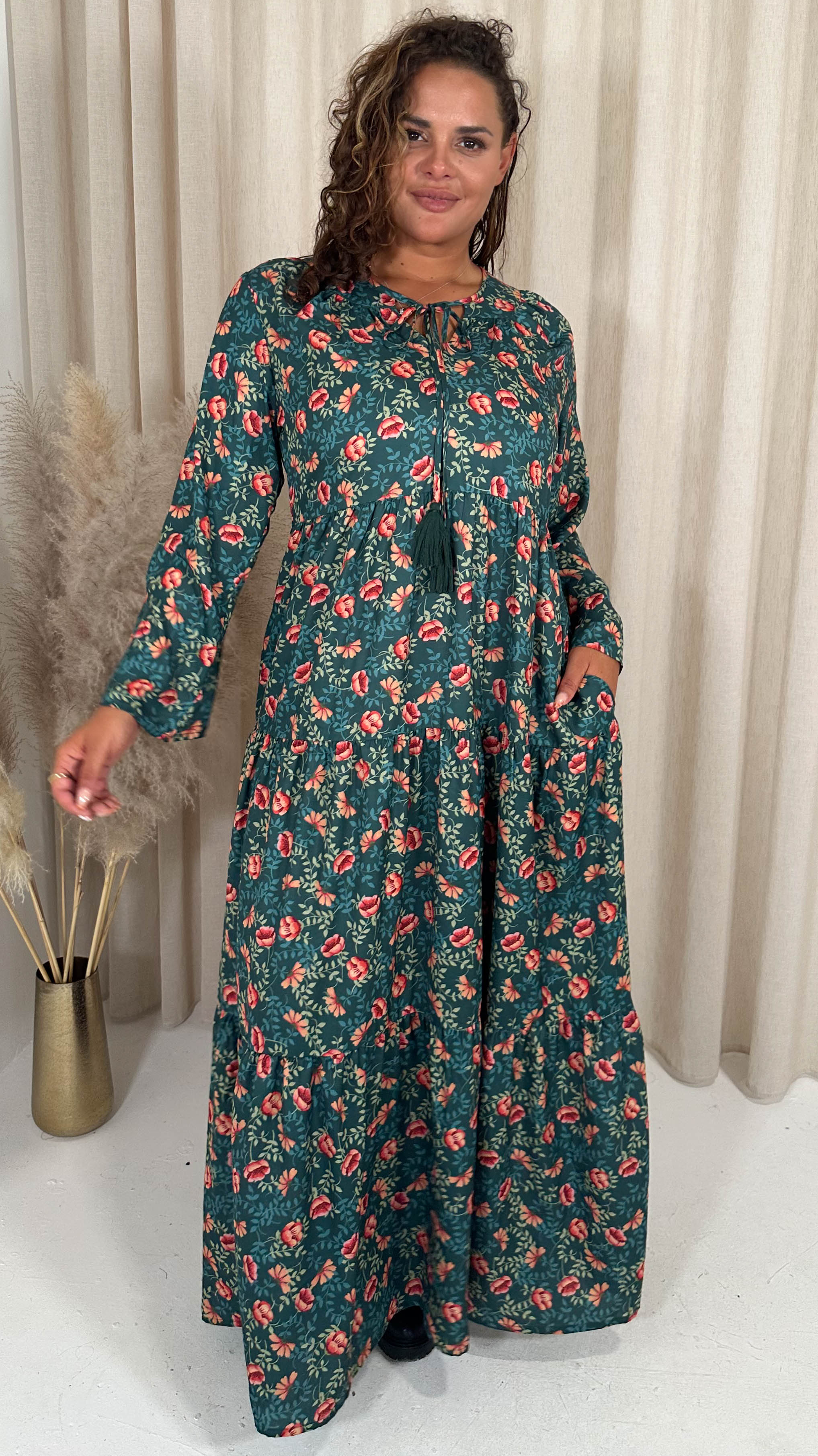 CurveWow Tassel Tiered Maxi Dress Green Floral