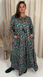 CurveWow Tassel Tiered Maxi Dress Green Floral