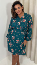 CurveWow Tie Waist Shirt Mini Dress Teal Floral
