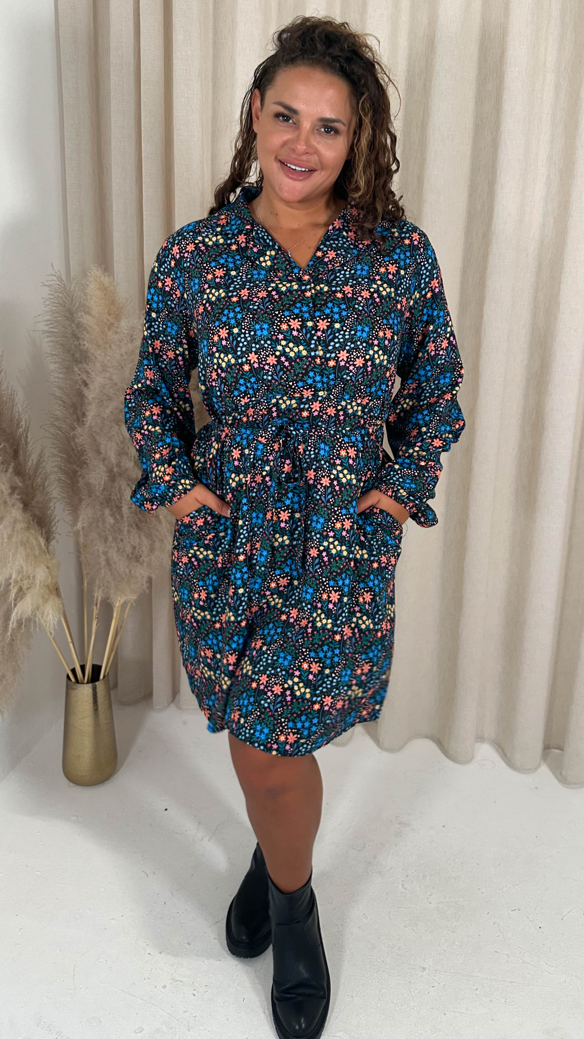 CurveWow Tie Waist Shirt Mini Dress Multi Floral