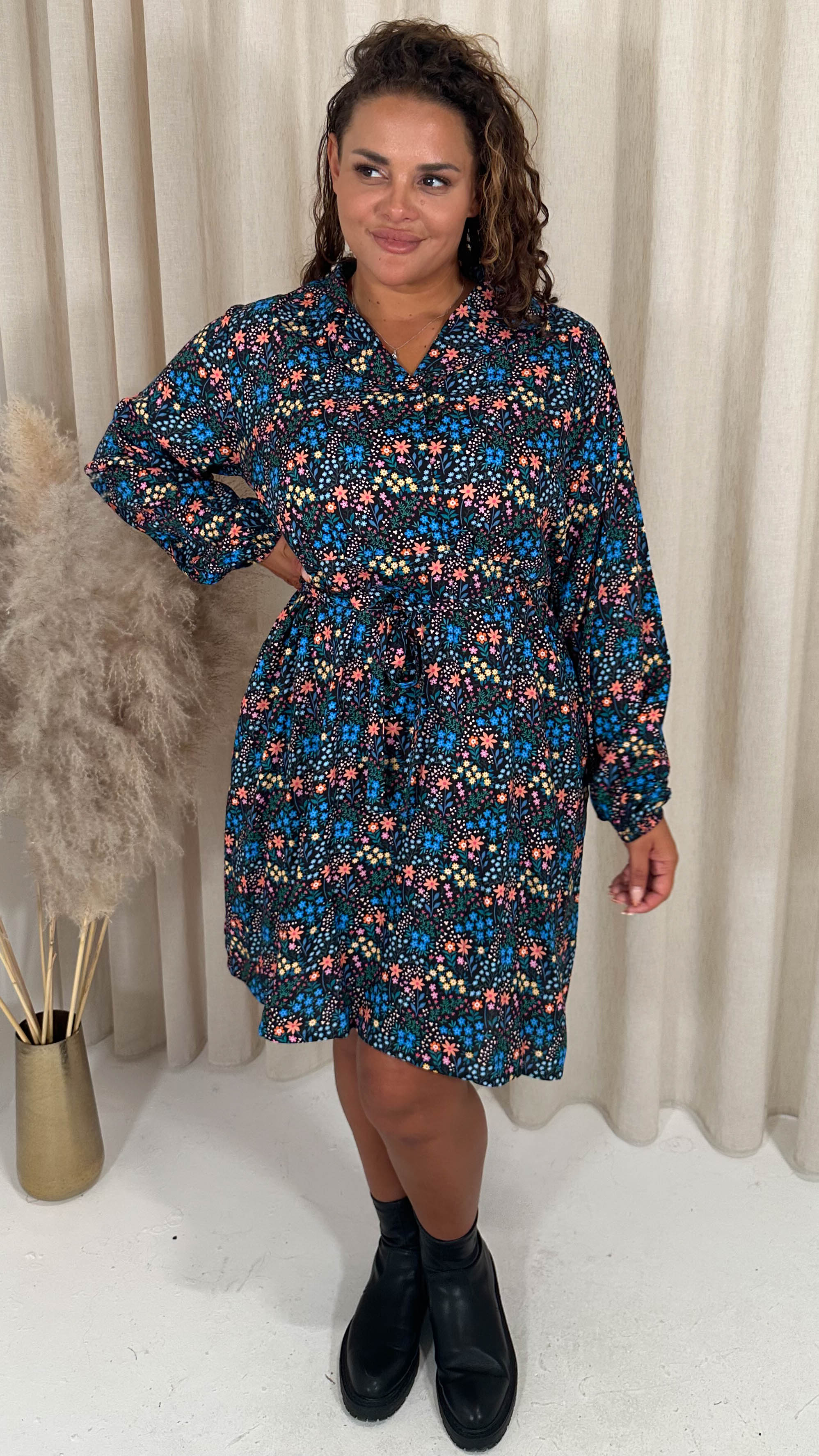 CurveWow Tie Waist Shirt Mini Dress Multi Floral