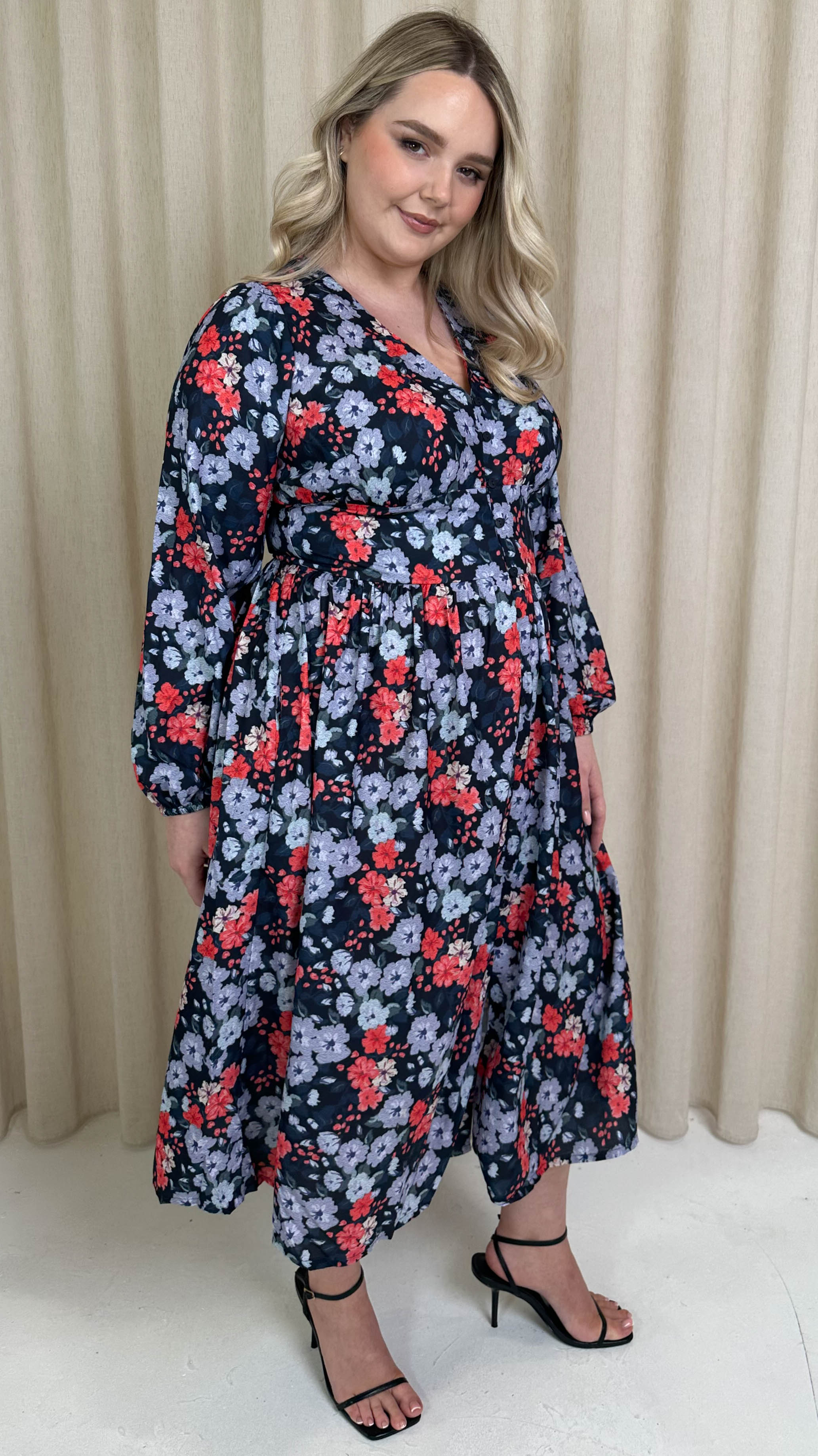 CurveWow Printed Button Front Midi Dress Blue/Red Floral