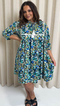 CurveWow Printed Lace Insert Smock Dress Blue Multi Floral