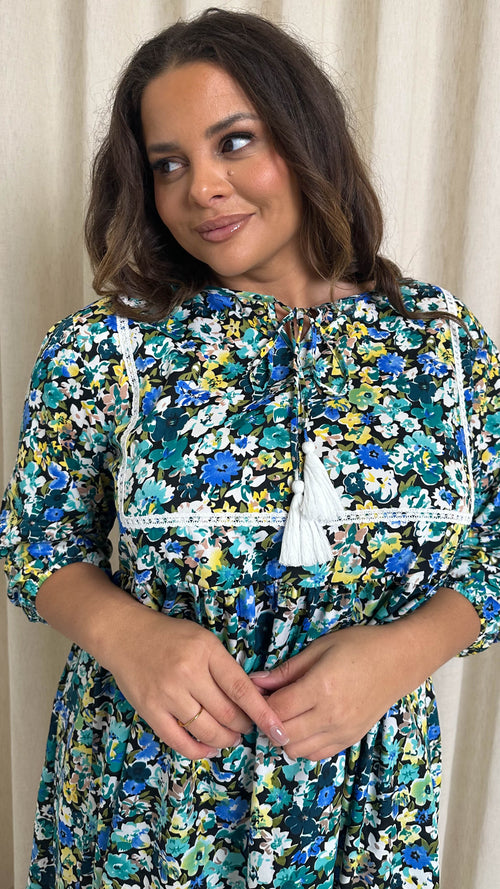 CurveWow Printed Lace Insert Smock Dress Blue Multi Floral