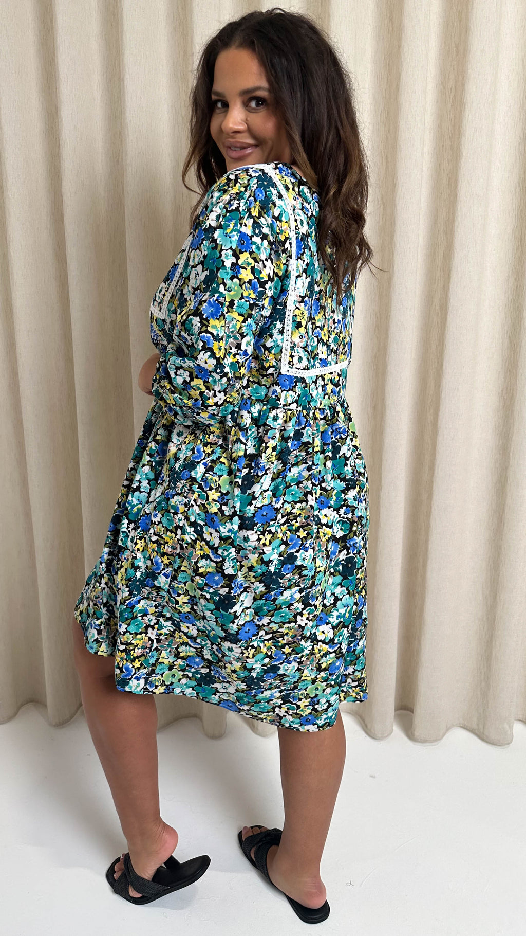 CurveWow Printed Lace Insert Smock Dress Blue Multi Floral