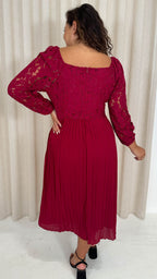 CurveWow Square Neck Lace Top Pleated Dress Wine